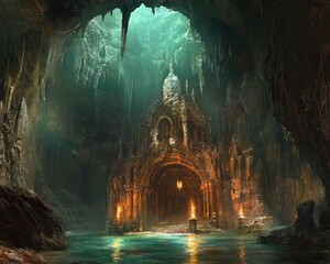 Fototapeta premium Mysterious underground cavern with stunning rock formations and an enchanting atmosphere