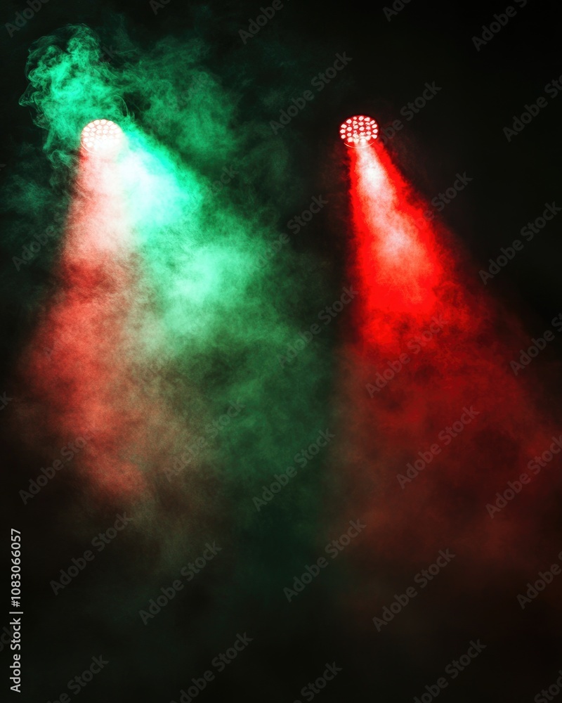 Poster dark red and green spotlights illuminate smoke against a black backdrop creating an abstract technol