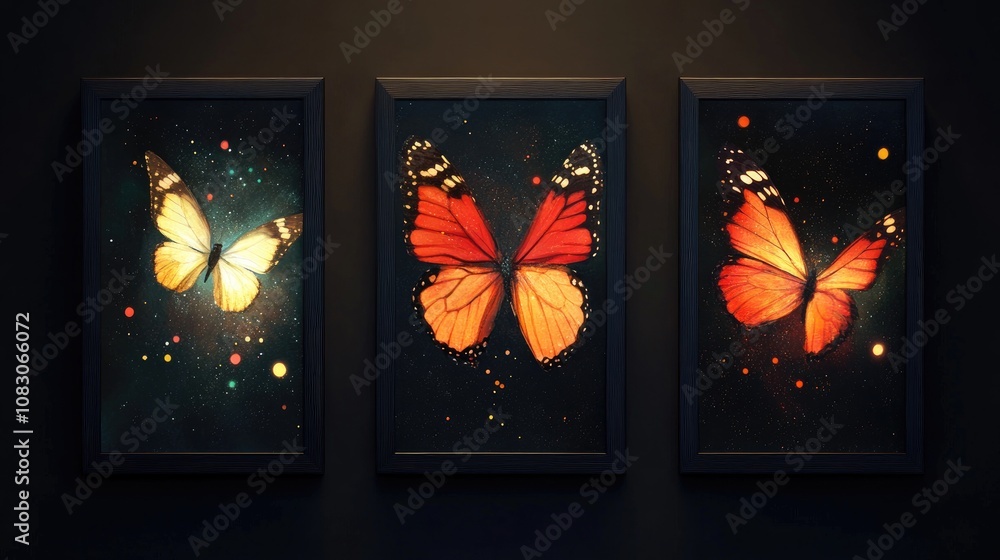 Poster three illuminated rectangular banners featuring enchanting butterflies on a dark backdrop