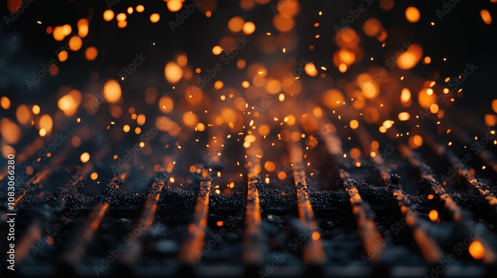 Poster fire embers and particles against a dark background close up of an empty barbecue grill abstract shi