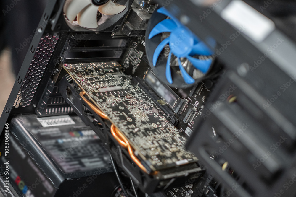 Aufkleber inside view of a computer showcasing the graphics card, fans, and power supply in a well-organized c
