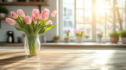 Empty brown wooden tabletop set against a blurred kitchen background featuring a sunlit window complemented by a vase of pink tulips for showcasing or displaying your products