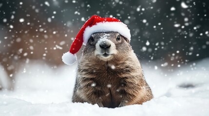 Festive Groundhog in a Santa Hat Enjoys Christmas Amidst Gentle Winter Snowfall