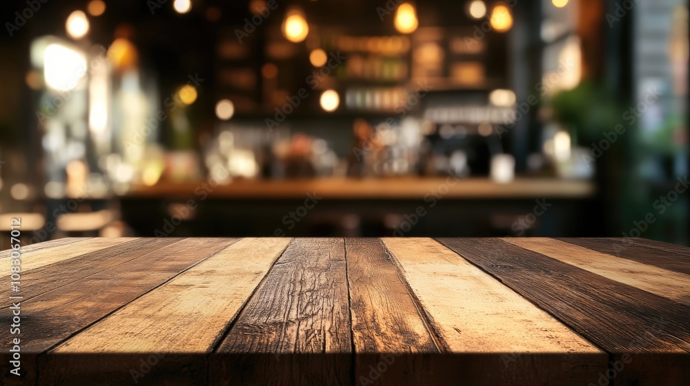 Poster wooden table set against an abstract blurred backdrop of a cafe setting