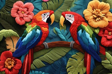 Fototapeta premium Vibrant embroidered design featuring parrots and flowers ideal for textile and fashion applications