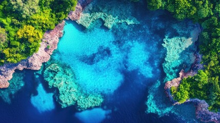 Obraz premium Stunning aerial perspective of a vibrant blue lagoon featuring a coral reef beneath the crystal clear water