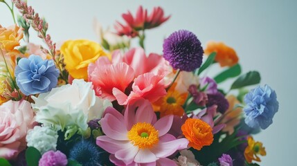 Vibrant arrangement of colorful flowers set against a white backdrop