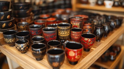 Traditional lacquerware on display for sale featuring handcrafted lacquer cups Download large files for optimal quality High quality image