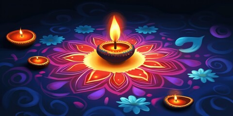 Fototapeta premium Diwali festival celebration art. Candles burn in clay diyas, bright light illuminating colorful rangoli pattern. Traditional Indian holiday decorations, festive mood.