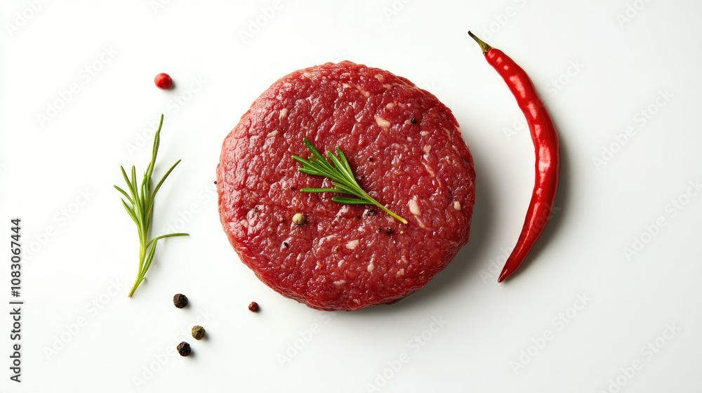 Poster raw beef cutlet for hamburger viewed from above isolated on a white background