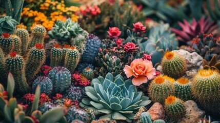 Fototapeta premium Cactus garden featuring diverse succulents cacti and desert plants highlighted by a blooming desert rose in the foreground