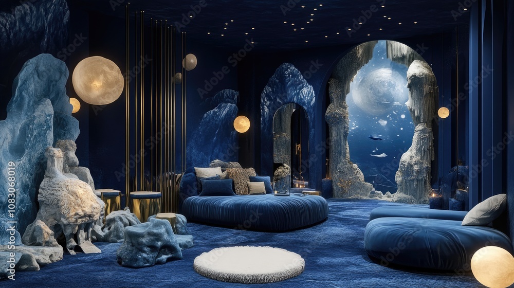 Poster fantasy themed space with a dark blue backdrop featuring whimsical elements for a captivating visual
