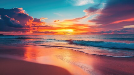Fototapeta premium Dramatic sunset sky with shades of blue orange pink yellow and purple over a beach A picturesque natural landscape during the golden hour with twilight hues at dusk