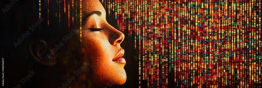 Aufkleber a human figure is overlaid on vibrant rows of dna symbols, illustrating the connection between genet
