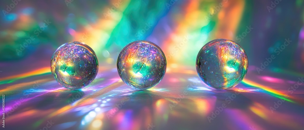 Aufkleber three crystal spheres arranged in a row with a vibrant rainbow light display creating a beautiful ba