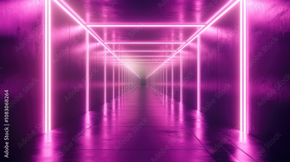Poster neon rectangular frame with horizontal lighting tunnel corridor background featuring geometric glow 