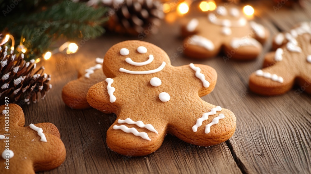 Poster gingerbread cookies displayed on a wooden table with festive light decorations in the background