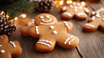 Gingerbread cookies displayed on a wooden table with festive light decorations in the background