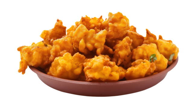 Pakora, popular Indian street food snack. Crispy fried fritters made with chickpea flour, spices. Pakora often served as starter with sauces. Dish traditional vegetarian food popular in India, Cut out