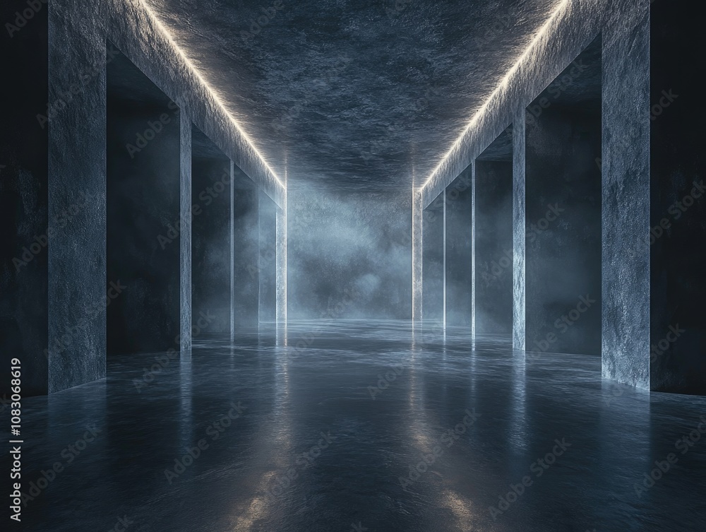 Poster fantasy dark scene with an empty interior illuminated by soft light and slate gray color palette ide