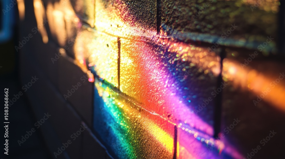 Poster rainbow spectrum effect created on a dark wall as light scatters after passing through a glass objec