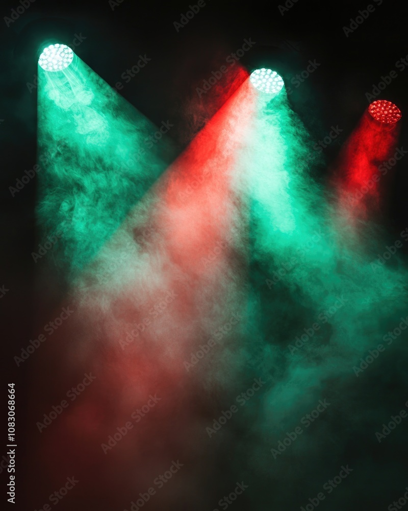 Poster dark red and green spotlights illuminate smoke against a black backdrop creating an abstract technol