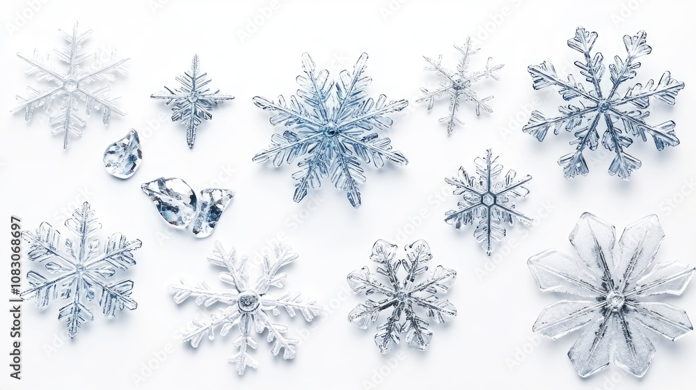 Poster collection of various snowflakes isolated on a white backdrop close up image showcasing authentic sn
