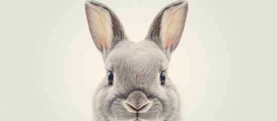 Fototapeta premium Fluffy gray rabbit gazing at the camera against a white backdrop