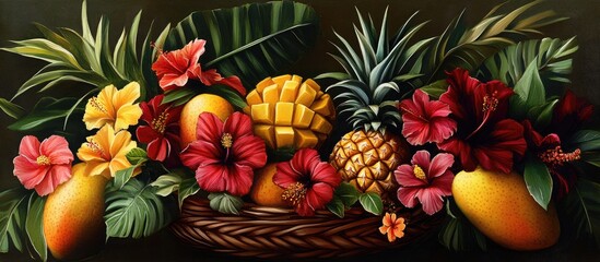 Fototapeta premium Vibrant artwork featuring a collection of tropical fruits and flowers including pineapple mango and hibiscus arranged in a decorative basket
