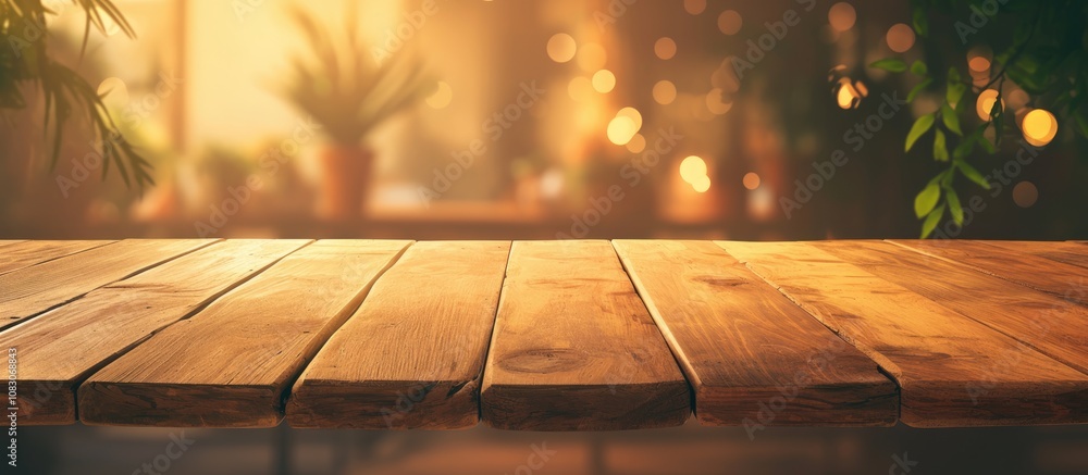 Aufkleber artwork of an empty wooden table in a tropical setting with a softly blurred cafe background ideal f
