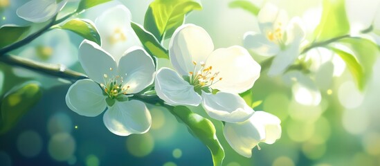 Obraz premium Close up of white blossoms on a blooming apple tree in a vibrant spring garden