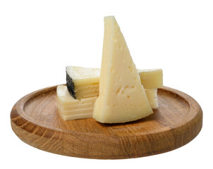Stack of triangular pieces of cheese on round wooden board, isolated background
