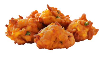 Pakora popular Indian snack. Crispy fried fritters made with chickpea flour, spices. Photo shows serving of pakora on alpha layer. Vegetarian dish, popular street food. Pakora often served with Png.