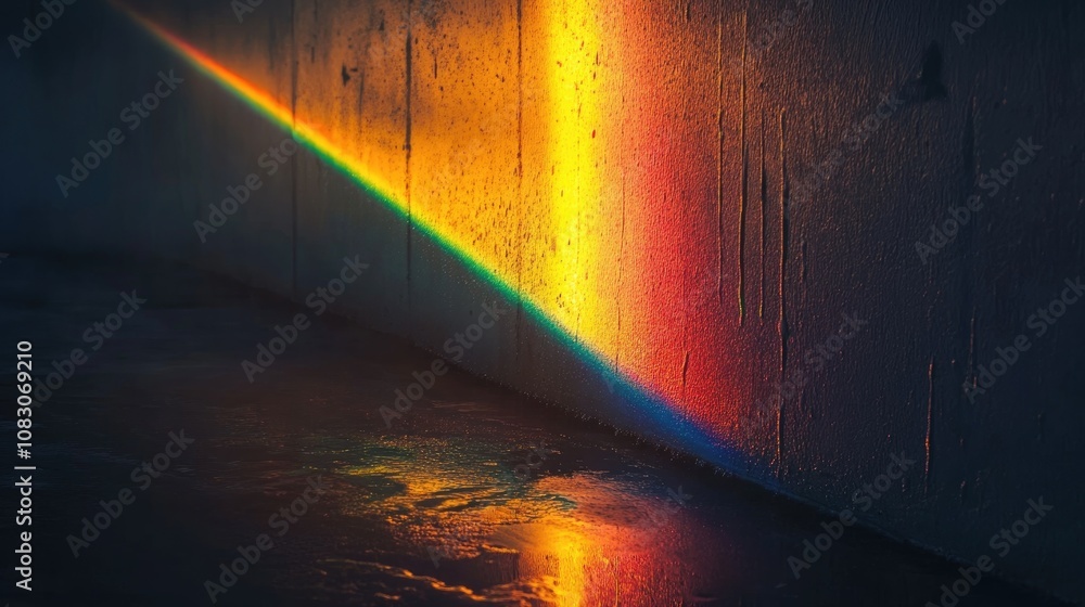 Poster rainbow spectrum effect created on a dark wall as light scatters after passing through a glass objec