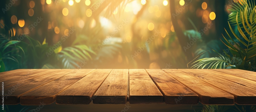 Aufkleber artwork of an empty wooden table in a tropical setting with a softly blurred cafe background ideal f