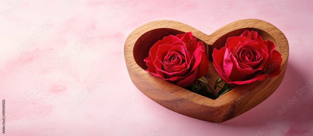 Poster three red rosebuds in a heart shaped wooden bowl on a pink backdrop creating a romantic setting with