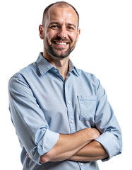 Smiling Man in Casual Blue Shirt with Arms Crossed, Isolated on Transparent Background
