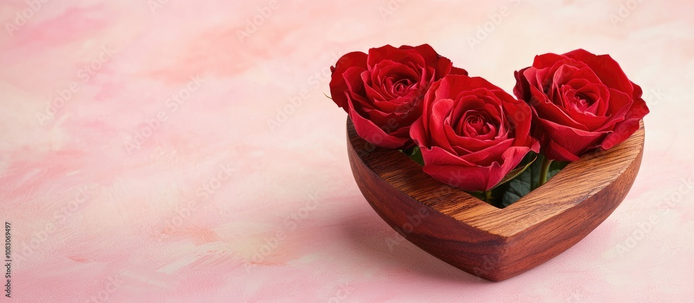 Poster Three red rosebuds in a heart shaped wooden bowl on a pink backdrop creating a romantic setting with space for text ideal for a cheerful greeting card