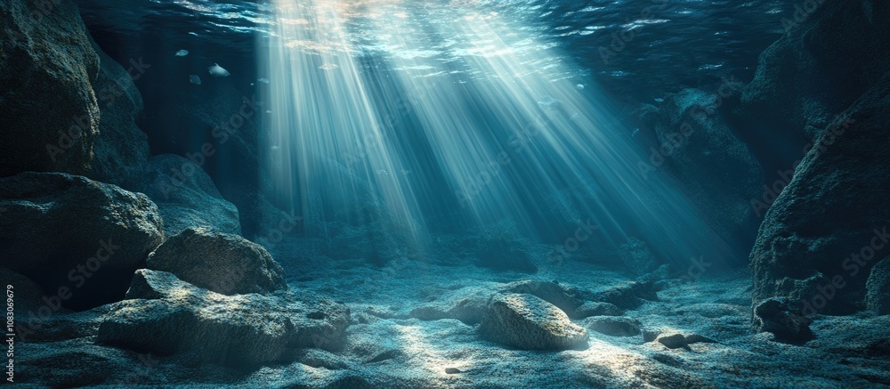 Poster underwater sunlight filtering through a rocky ocean floor creating a natural scene with captivating 