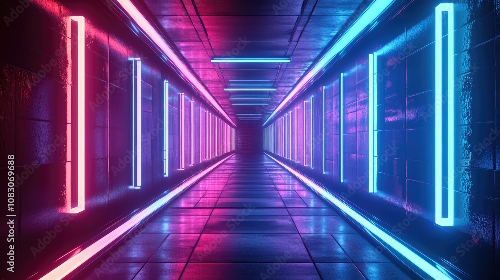 Poster neon rectangular frame with horizontal lighting tunnel corridor background featuring geometric glow 