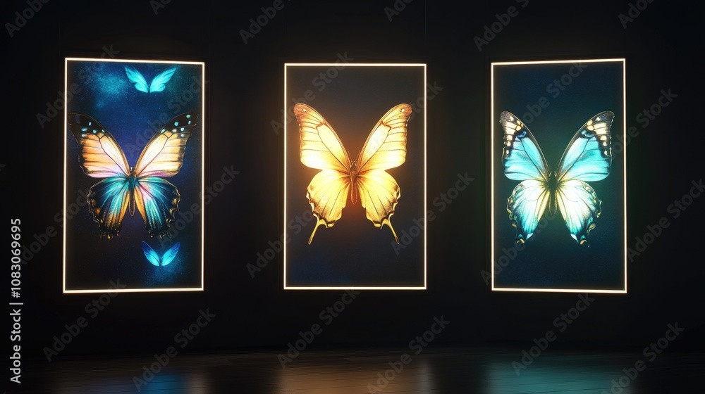 Sticker three illuminated rectangular banners featuring enchanting butterflies on a dark backdrop