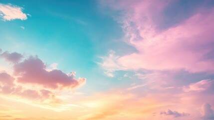 Fototapeta premium Vibrant panorama featuring a clear blue pink and purple sky with white clouds providing ample copy space Ideal for summer themed landscapes and colorful sky illustrations