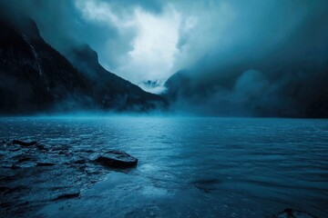 Mysterious blue water contrasting with dark atmosphere