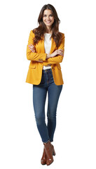 Confident Young Woman in Yellow Blazer and Jeans, Standing with Arms Crossed, Isolated on Transparent Background