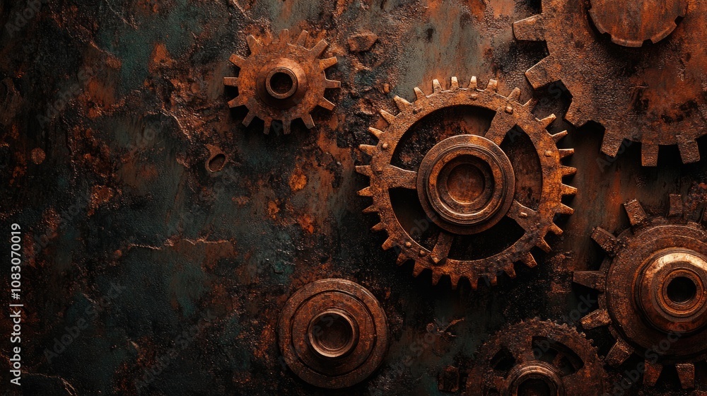 Poster futuristic steampunk grunge background featuring rustic textures with dirty metal copper gears and c