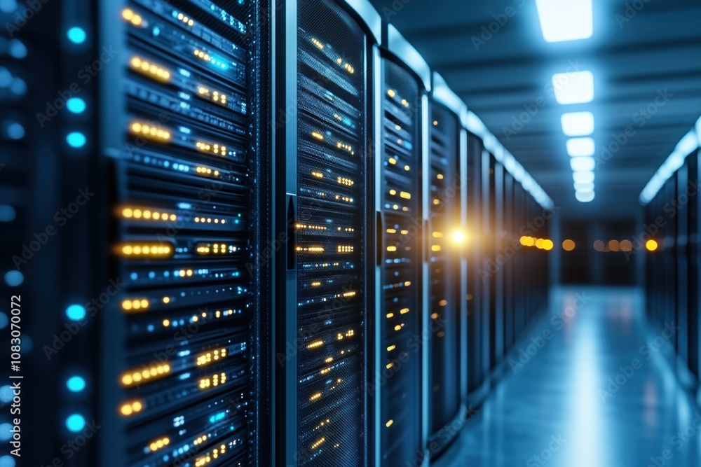 Poster a view of a high-tech data center featuring rows of server racks illuminated by led lights in a mode