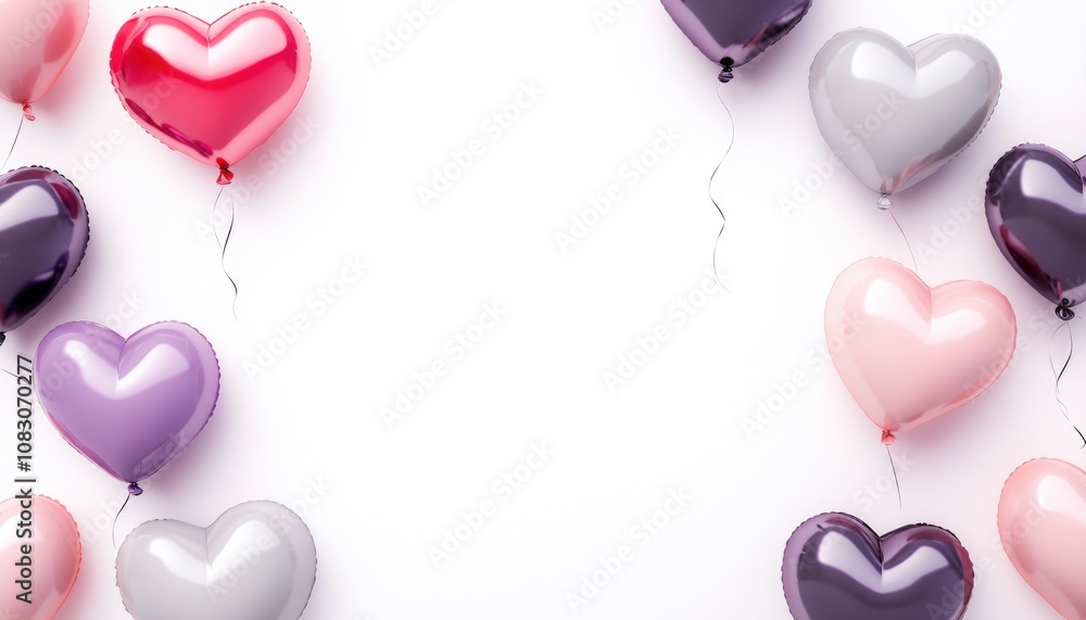 Poster heart shaped balloons drifting on either side of the frame creating an empty center for text against