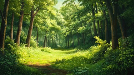 Obraz premium Lush summer forest scene featuring a dense backdrop of trees in a rich verdant setting