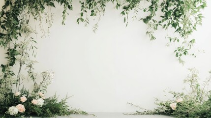Fototapeta premium Photo booth decorated with lush greenery and a white wall backdrop