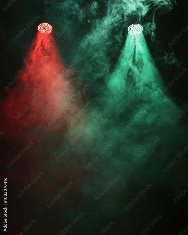 Aufkleber dark red and green spotlights illuminate smoke against a black backdrop creating an abstract technol